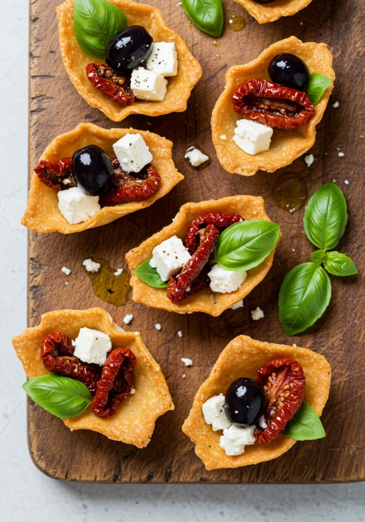 Mini phyllo cups filled with Mediterranean toppings like olives, feta, and tomatoes