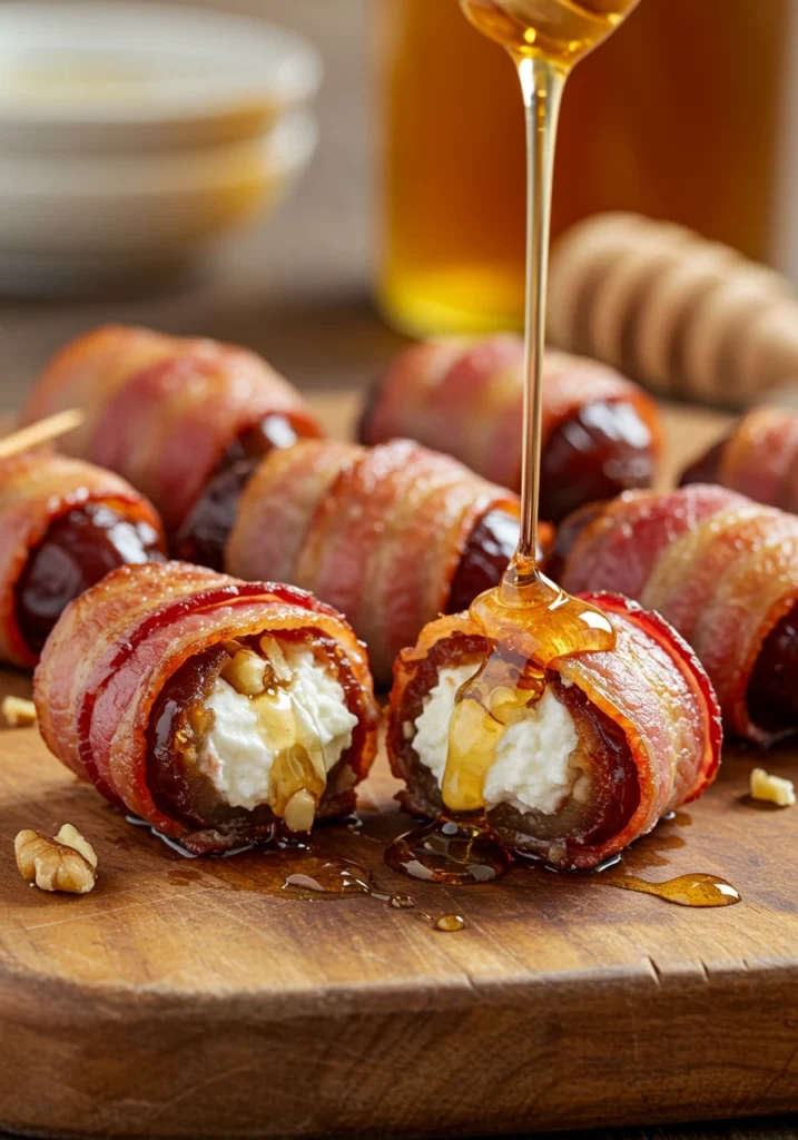 Bacon-wrapped dates stuffed with cheese, arranged on a wooden board