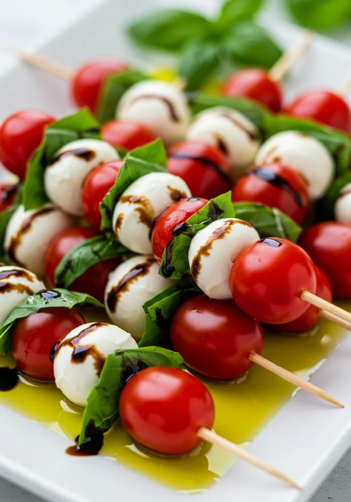 Caprese skewers made with cherry tomatoes, mozzarella balls, and fresh basil drizzled with balsamic glaze