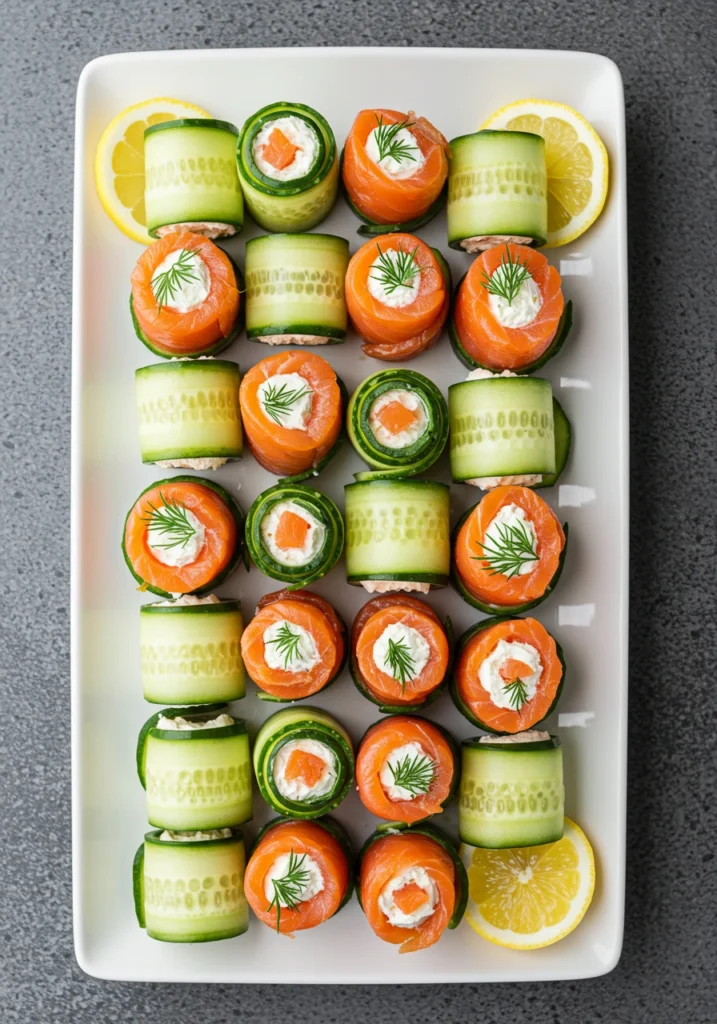 Thin cucumber slices rolled with smoked salmon and herbed cream cheese