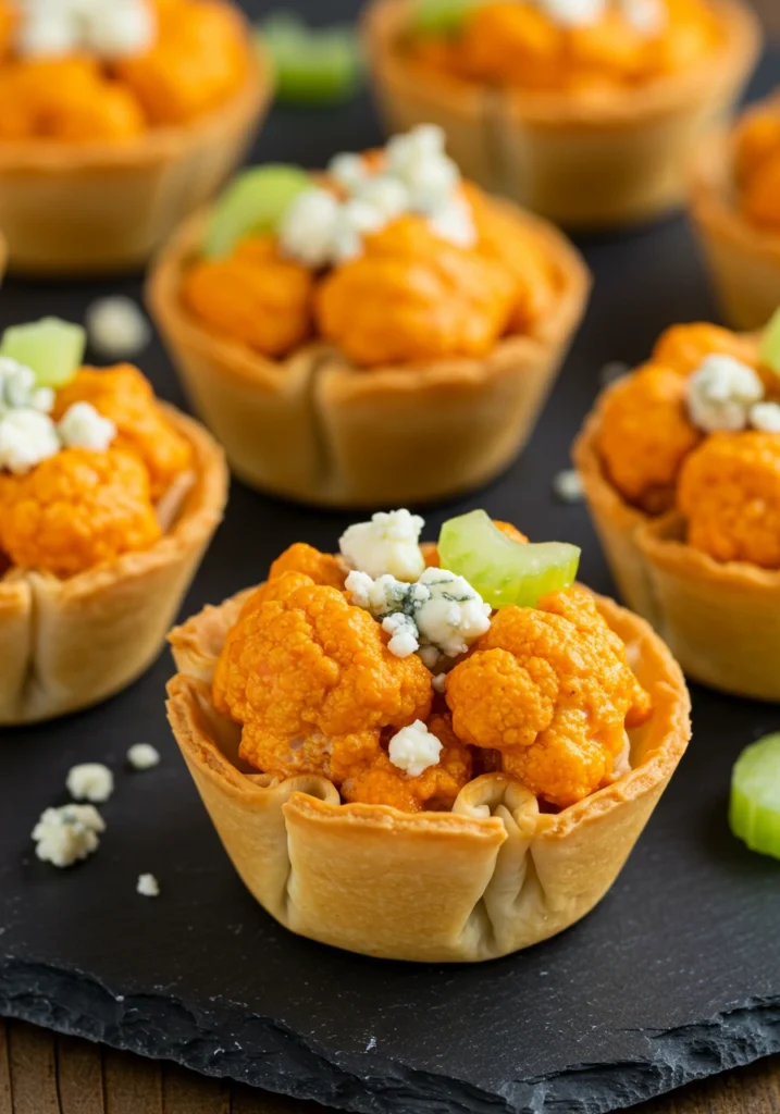 Mini cups filled with spicy buffalo cauliflower dip and garnished with green onions