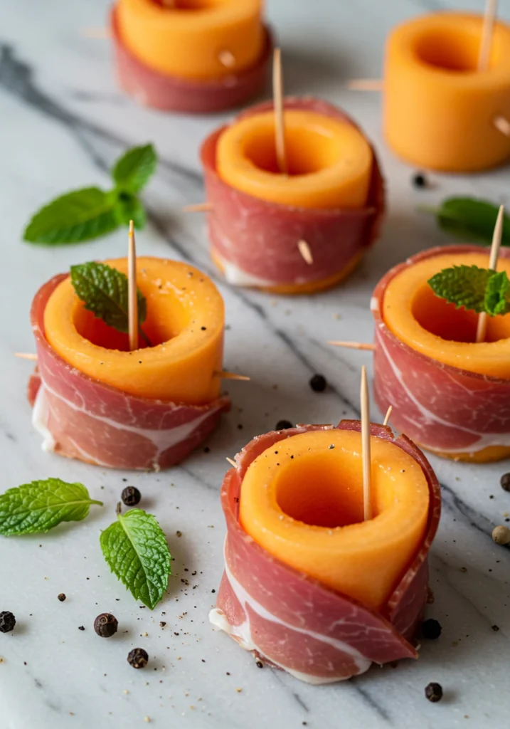 Thin prosciutto wrapped around melon and arugula, sliced into pinwheels