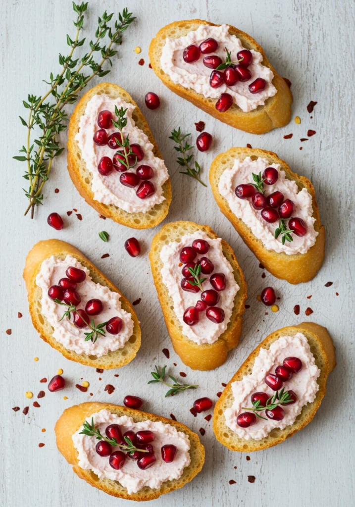 Toasted crostini topped with spicy whipped feta and roasted red peppers