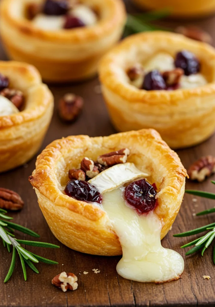 Flaky puff pastry bites filled with brie cheese and cranberry sauce, topped with rosemary