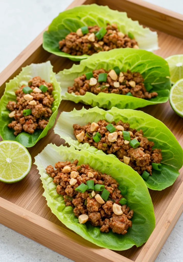 Mini lettuce cups filled with Asian-seasoned ground meat, carrots, and sesame seeds