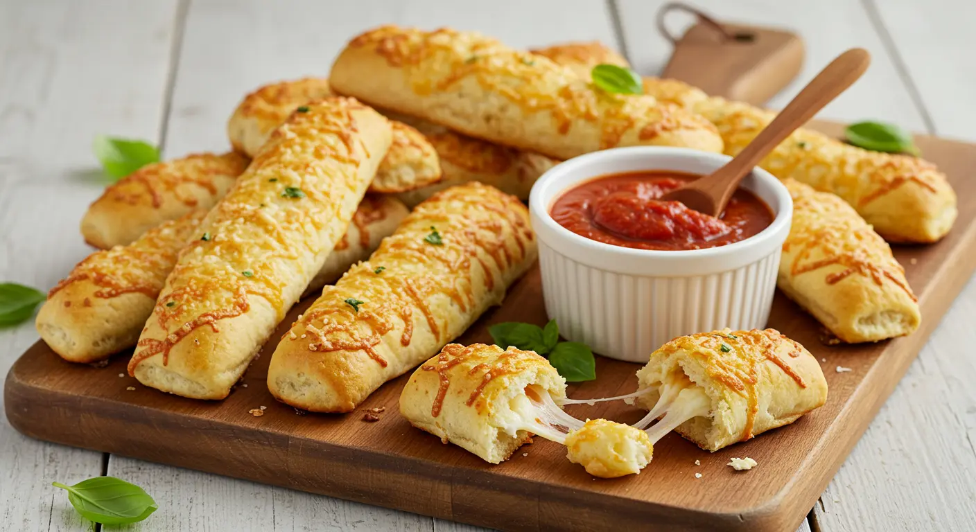 Golden homemade cheesy breadsticks arranged on wooden cutting board with marinara sauce dipping bowl and fresh basil garnish