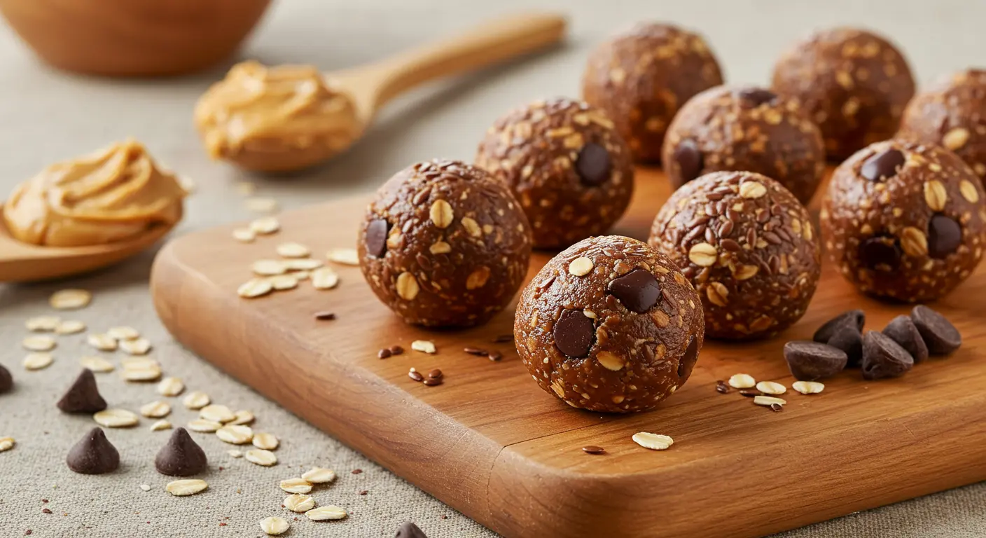 Five different no-bake sweet bites arranged on white marble surface including chocolate peanut butter energy bites, coconut date balls, lemon cashew bites, cinnamon protein balls, and chocolate mint treats
