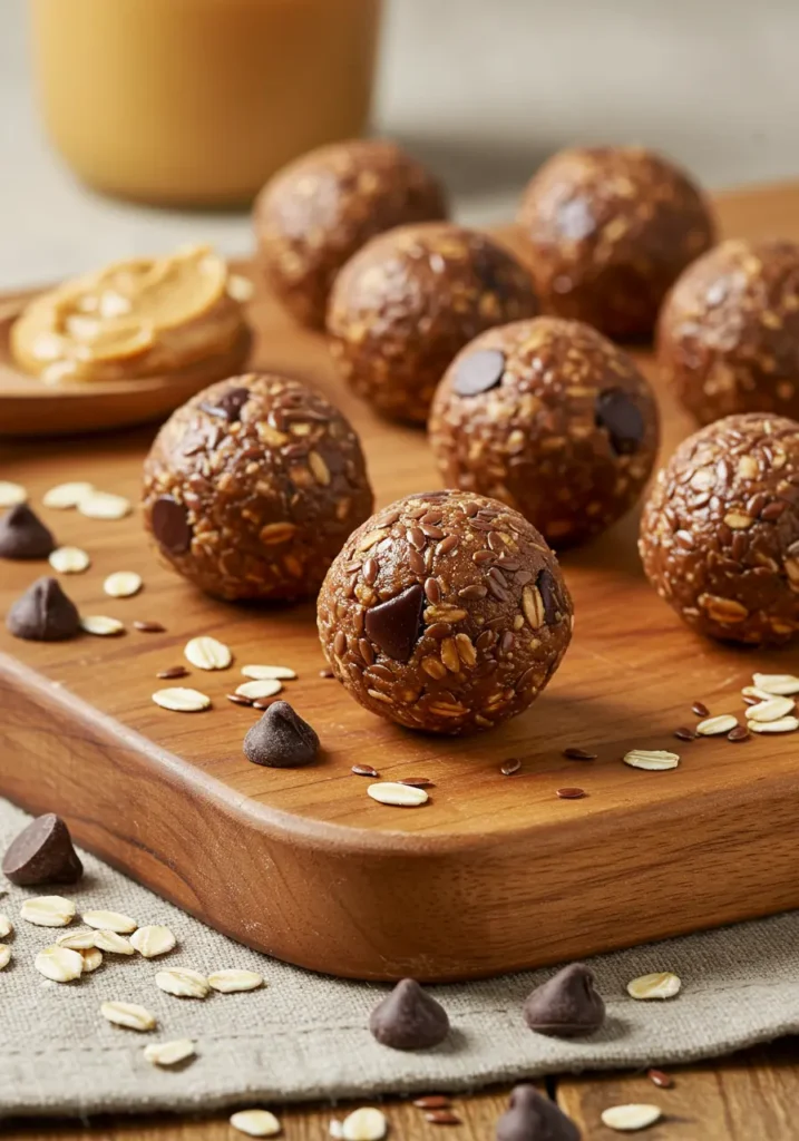Chocolate peanut butter energy bites with visible oats and mini chocolate chips on wooden cutting board with scattered ingredients