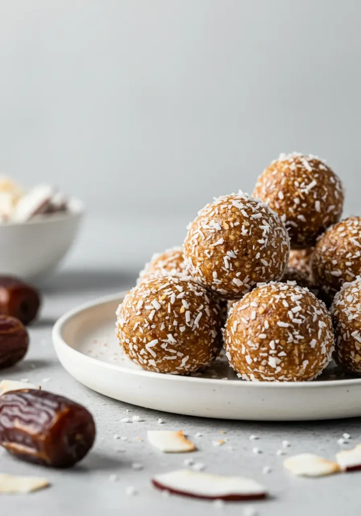 Coconut date bliss balls rolled in shredded coconut on white ceramic plate with fresh dates and coconut flakes