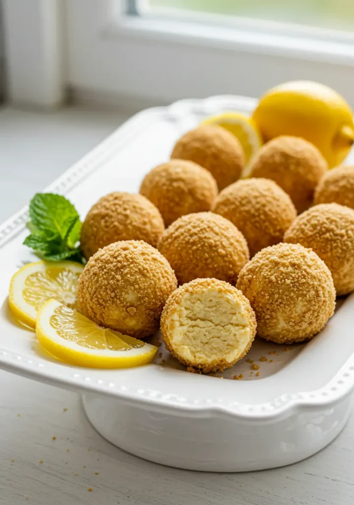 Lemon cashew cream bites with graham cracker coating on white porcelain plate garnished with fresh lemon slices and mint