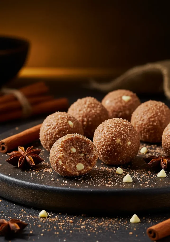 Cinnamon roll protein bites dusted with cinnamon sugar on dark wooden board with cinnamon sticks and white chocolate chips