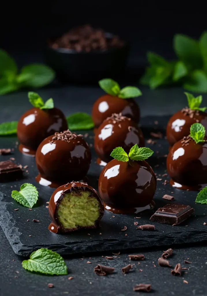 Chocolate mint avocado bites dipped in dark chocolate with fresh mint leaves on black slate plate