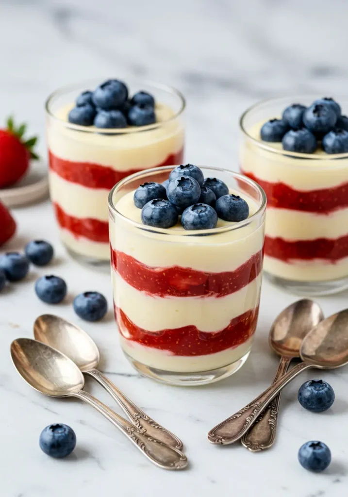 Easy 4th of July desserts patriotic berry parfait cups with layered strawberries blueberries and whipped cream in clear glasses