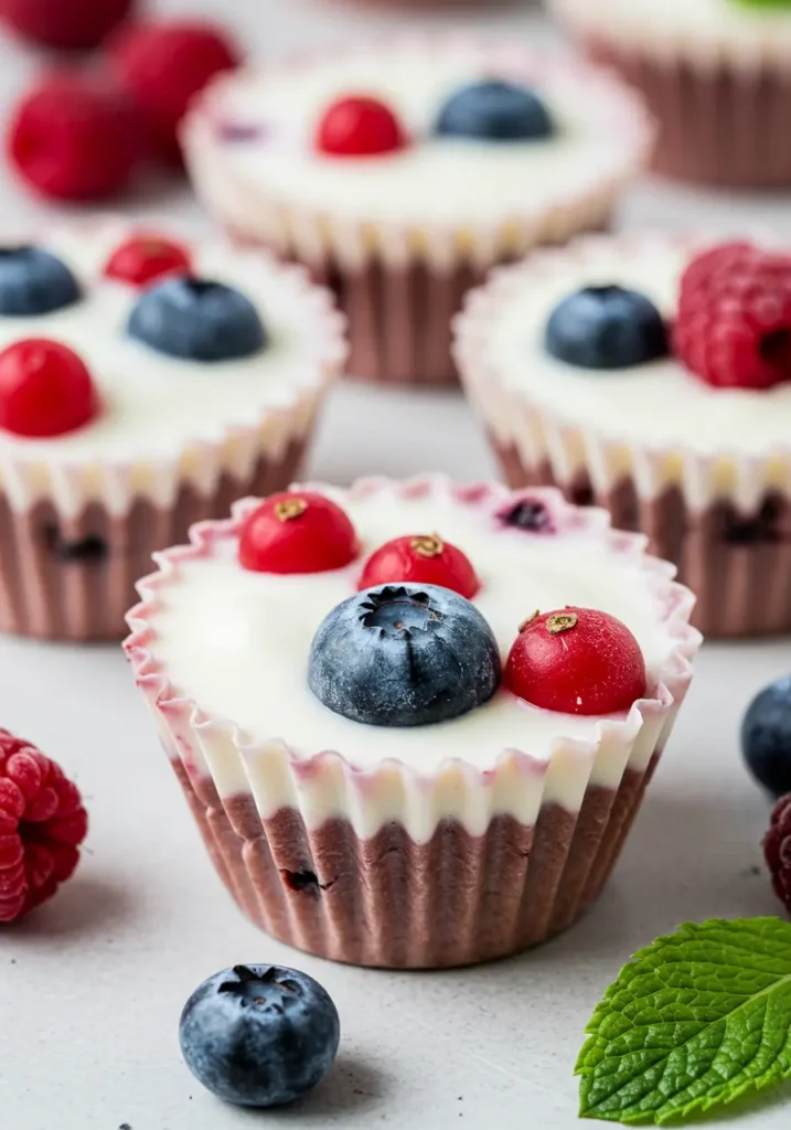 Healthy 4th of July desserts frozen yogurt berry bites with fresh strawberries and blueberries in mini muffin cups