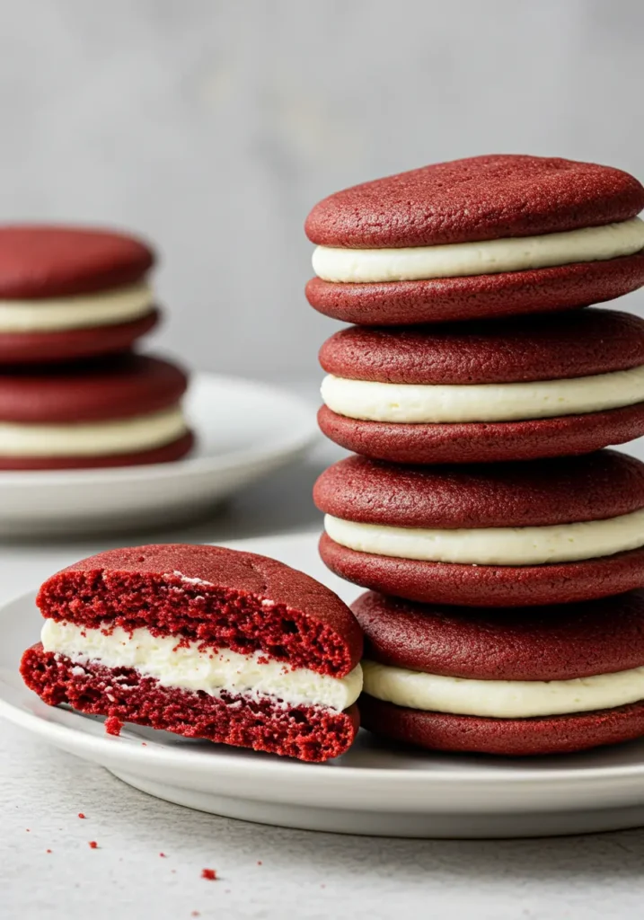 Decadent 4th of July desserts red velvet whoopie pies with cream cheese filling stacked on white plate