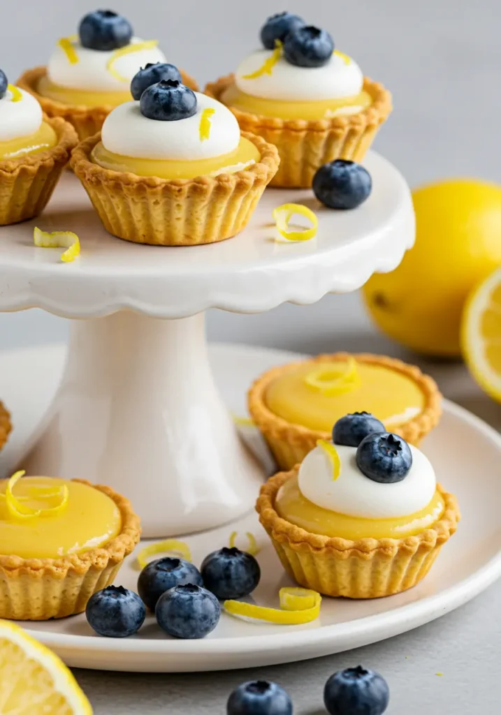 Elegant 4th of July desserts blueberry lemon tart bites with fresh berries and whipped cream on tiered stand