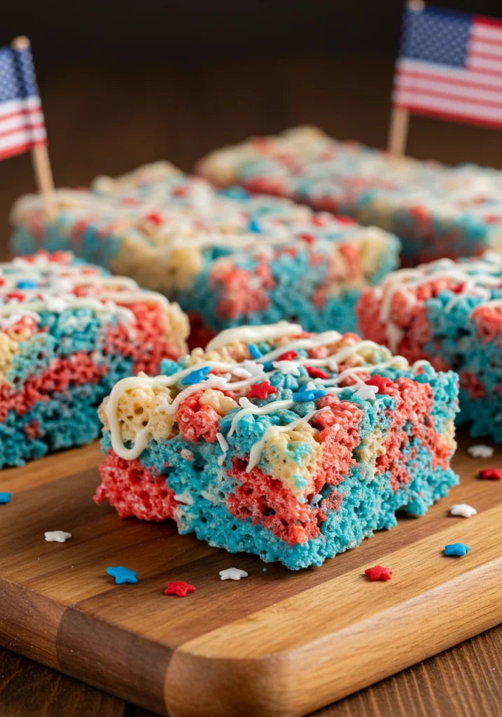 Fun 4th of July desserts patriotic Rice Krispie treats with red white blue colors and sprinkles on wooden board
