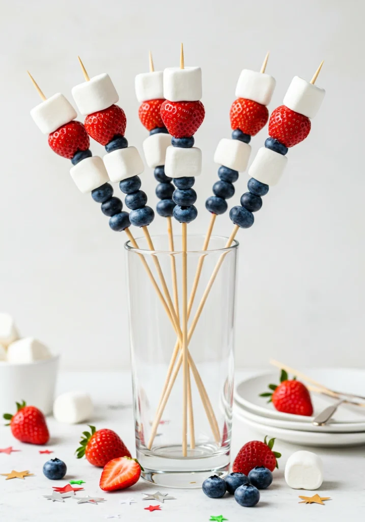 Healthy 4th of July desserts star spangled fruit kabobs with strawberries marshmallows and blueberries on skewers