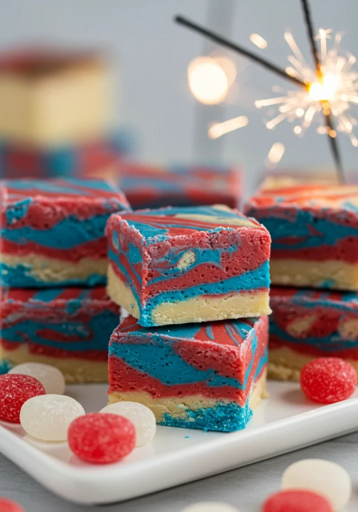 Rich 4th of July desserts firecracker fudge bites with marbled red white blue colors on white ceramic plate