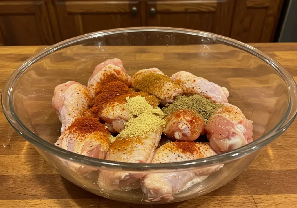 Raw chicken wings being tossed with spice mixture in large glass mixing bowl with wooden spoon