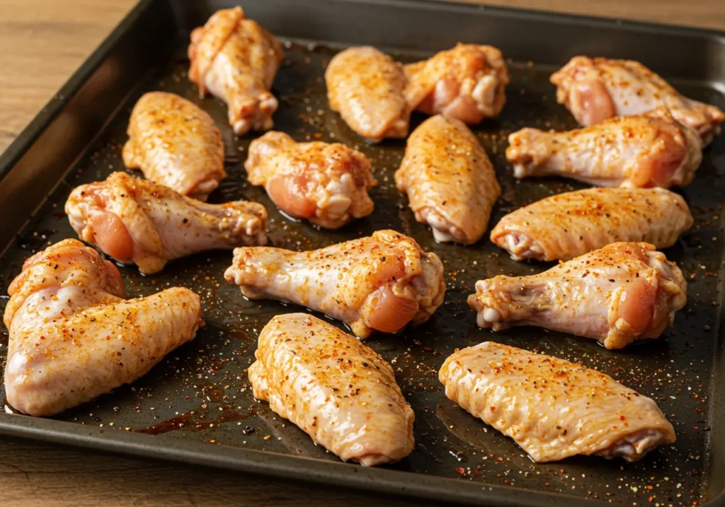 Raw seasoned chicken wings arranged in single layer on parchment-lined baking sheet ready for oven
