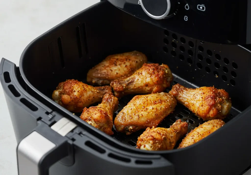 Golden crispy chicken wings in air fryer basket with tongs lifting one wing to show crispy texture