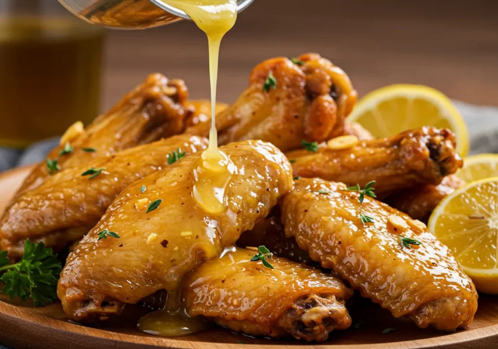 Melted butter with minced garlic cooking in small saucepan with wooden spoon stirring