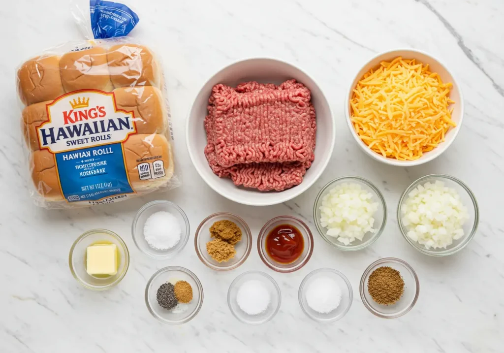 Ingredients for Hawaiian Roll Hamburger Sliders recipe - ground beef, Hawaiian rolls, cheese, and seasonings for easy appetizers