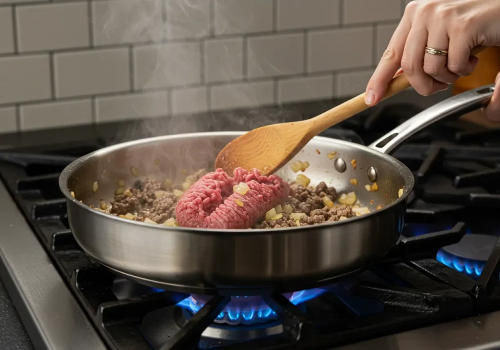 Cooking ground beef and onions for Hawaiian Roll Hamburger Sliders - easy appetizers cooking process