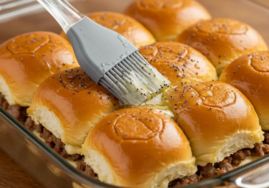 Brushing butter topping on Hawaiian Roll Hamburger Sliders before baking - party appetizers preparation