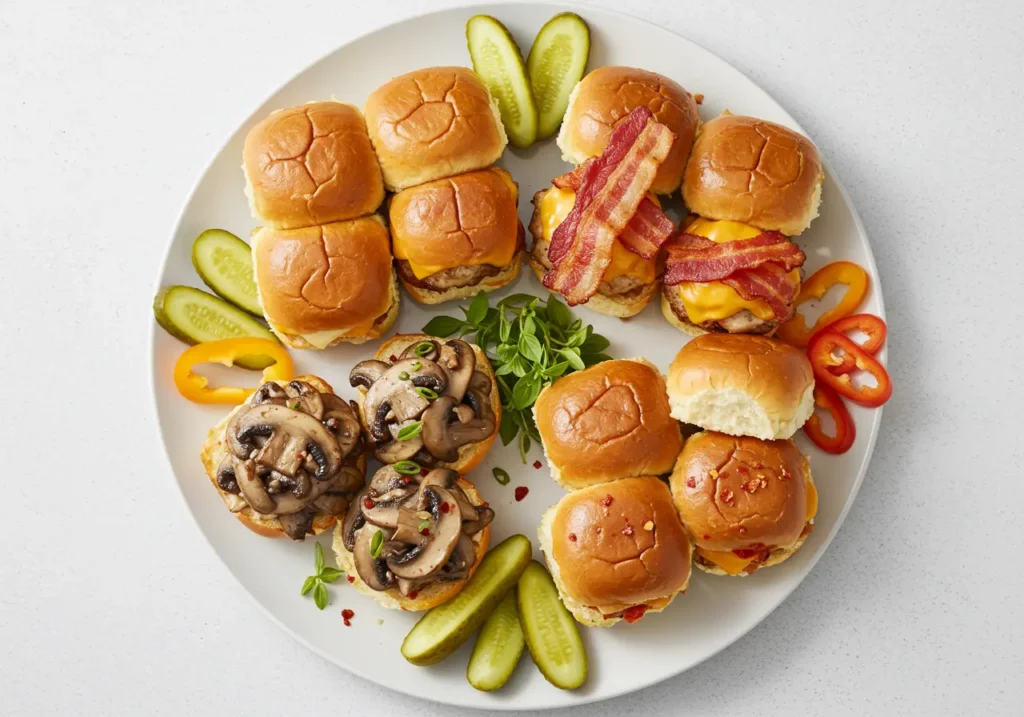 Four variations of Hawaiian Roll Hamburger Sliders on platter - bacon, mushroom Swiss, jalapeño party appetizers