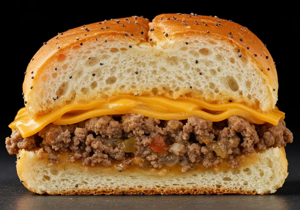 Cross section of Hawaiian Roll Hamburger Sliders showing layers - easy appetizers with cheese and seasoned beef