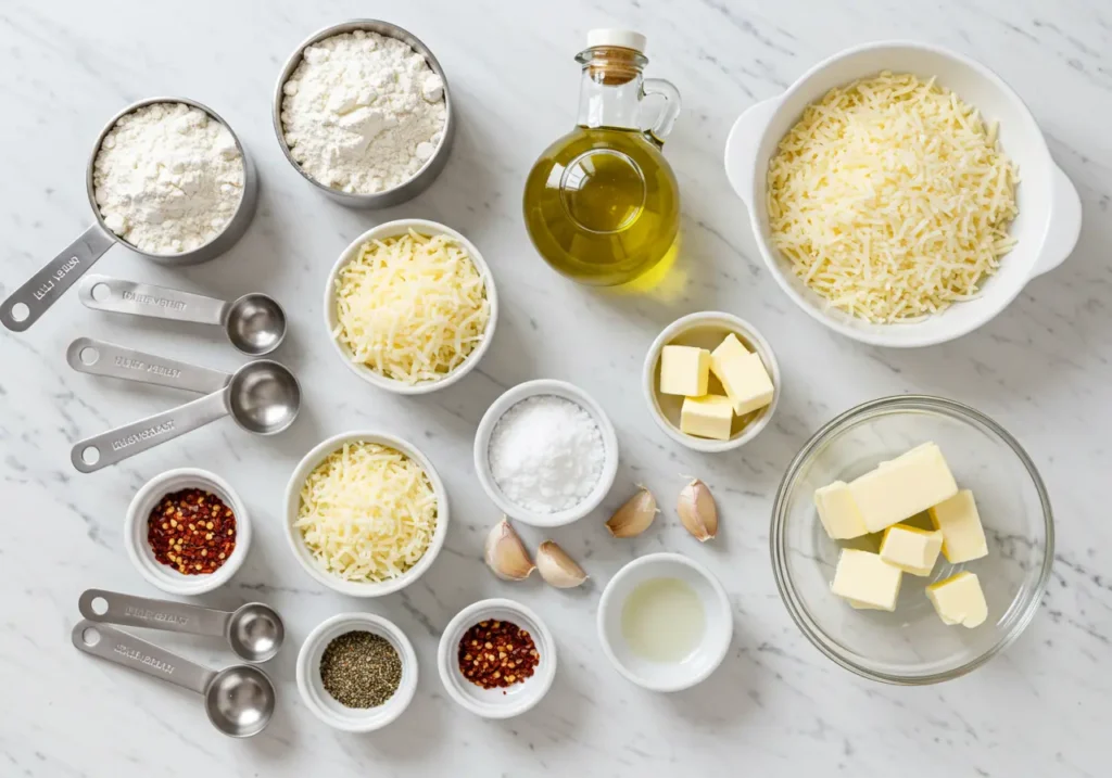 Flat lay of ingredients for cheesy breadsticks recipe including flour, mozzarella cheese, parmesan, yeast, and seasonings on white surface