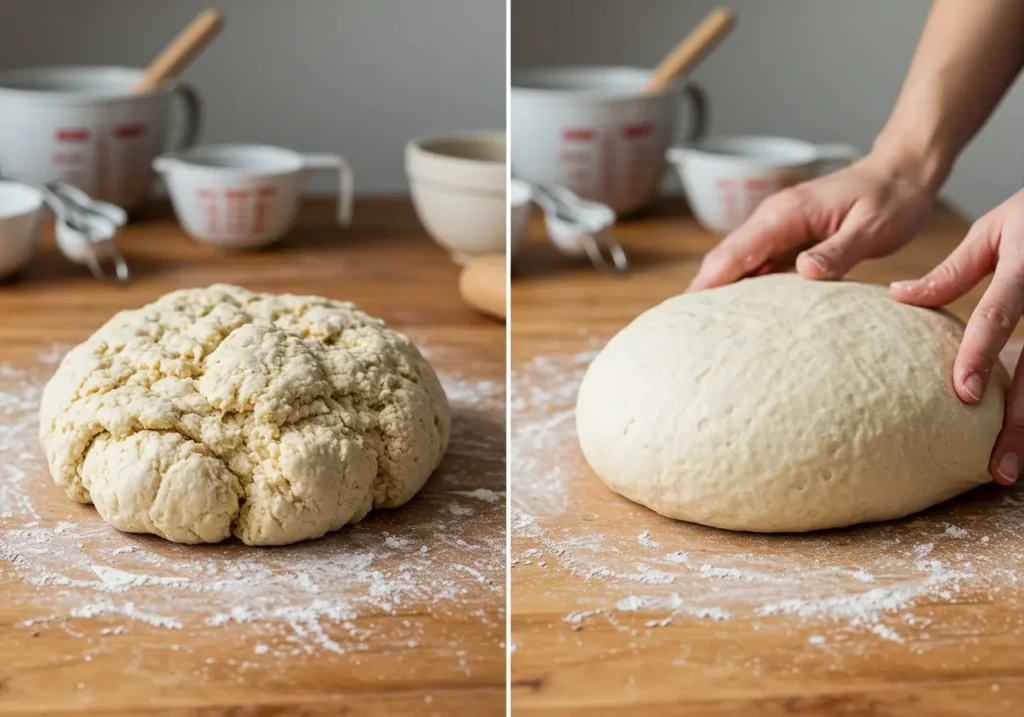 Side by side comparison of bread dough before and after kneading showing transformation for cheesy breadsticks recipe