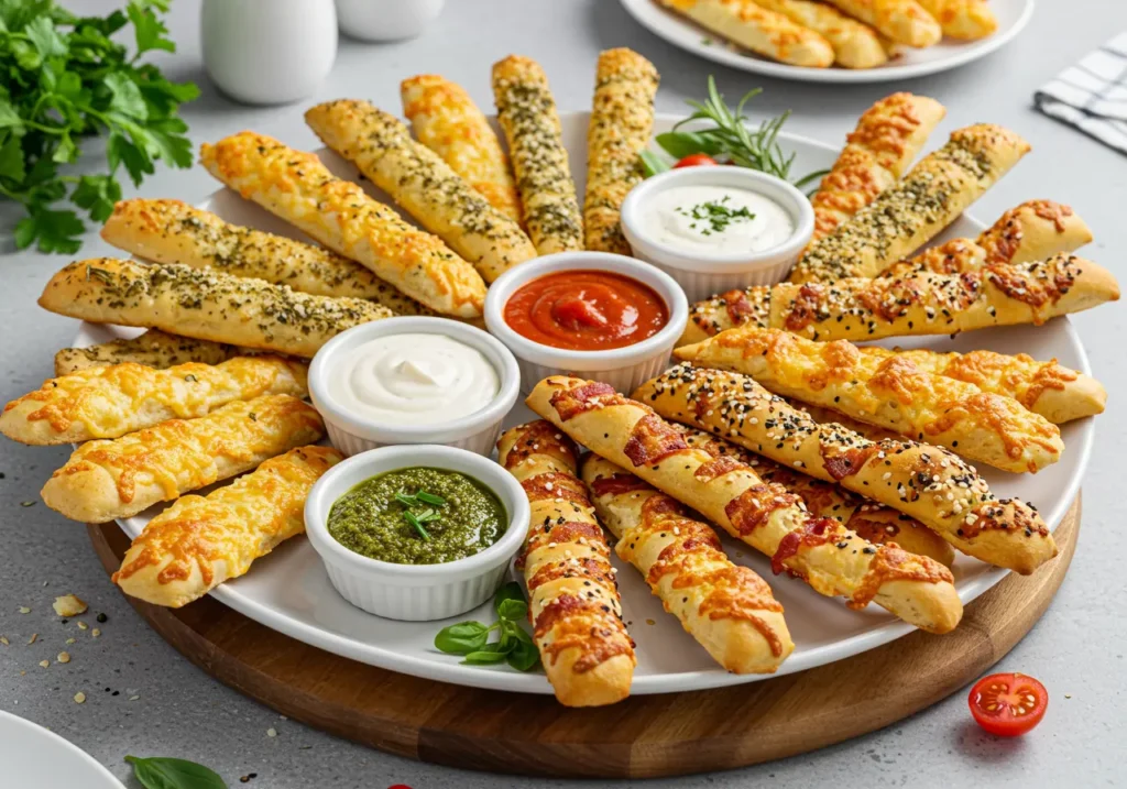 Variety platter of different cheesy breadsticks variations including herb, everything bagel, and bacon topped with dipping sauces