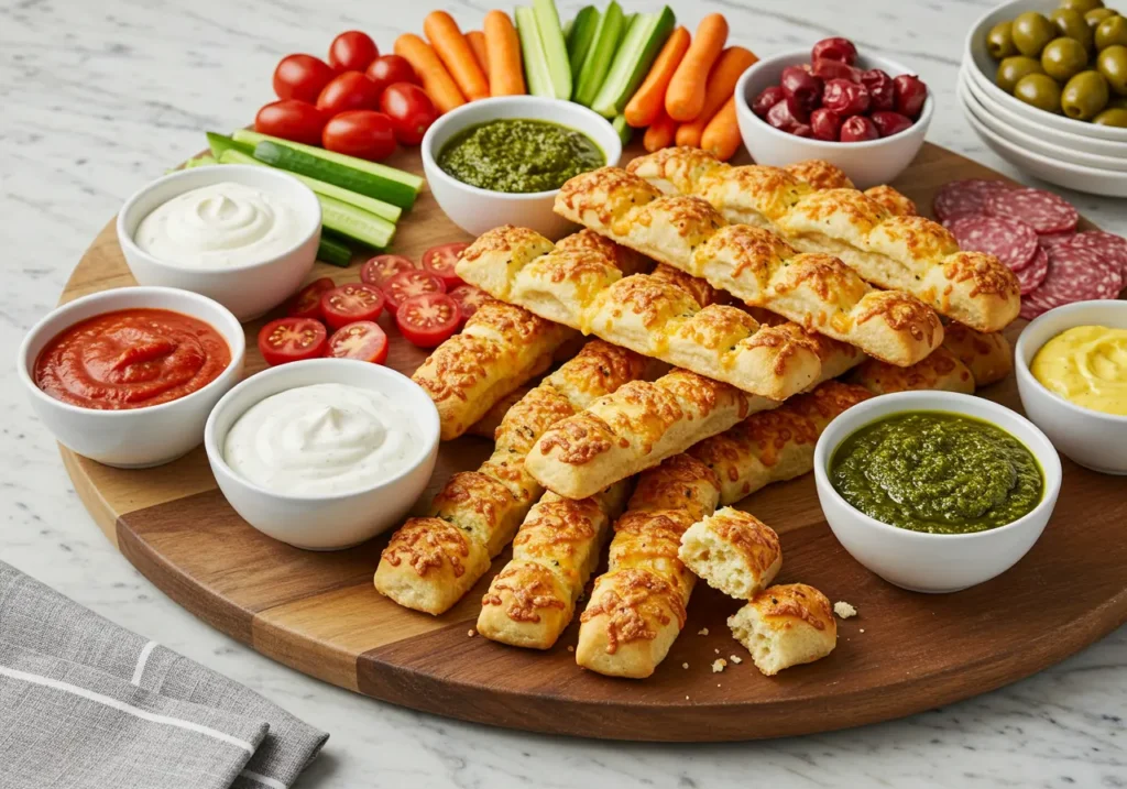 Entertainment spread featuring cheesy breadsticks with multiple dipping sauces, vegetables, and accompaniments on wooden board